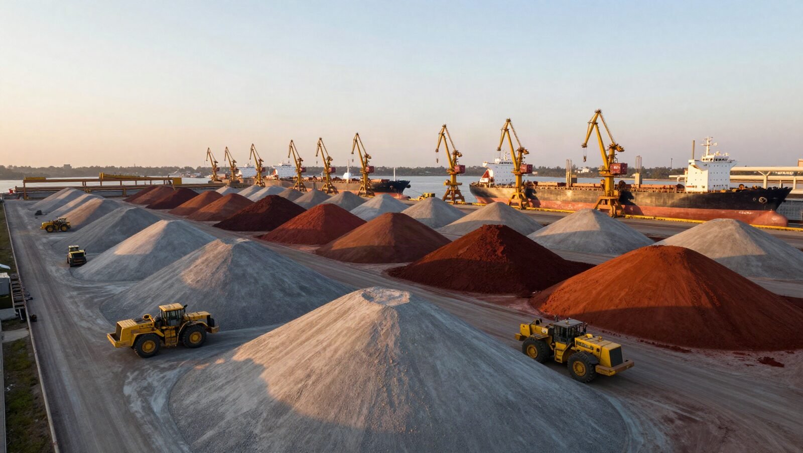 Bulk mineral stockyard and ore carriers at an export terminal — XinCo Mining and Materials